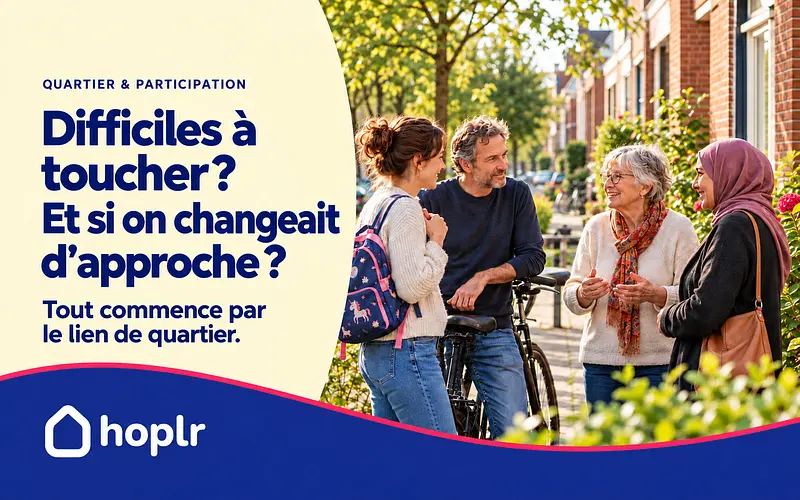 Couverture Hoplr sur la participation locale, avec quatre voisins qui discutent dans leur rue.