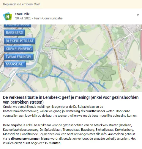 city of halle posts on hoplr and invites neighbours to fill in the survey about local mobility