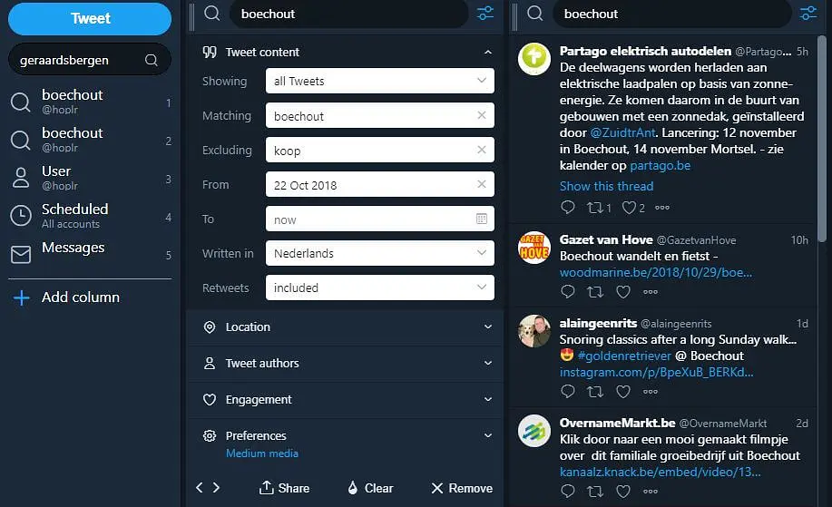 een zoekopdracht wordt ingegeven in Tweetdeck