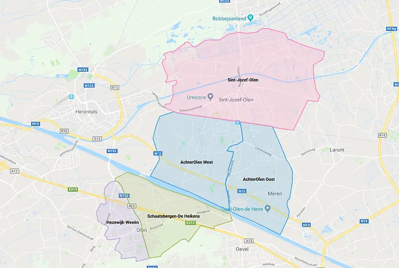 kaart met de 5 buurten van Olen aangeduid