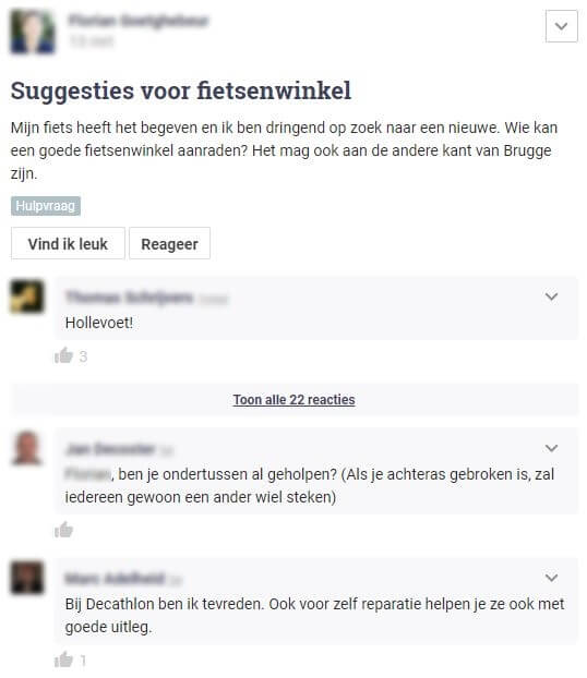 Message sur Hoplr dans lequel quelqu'un cherche un atelier de réparation de vélos à Bruges, ses voisins l'aident avec des suggestions.