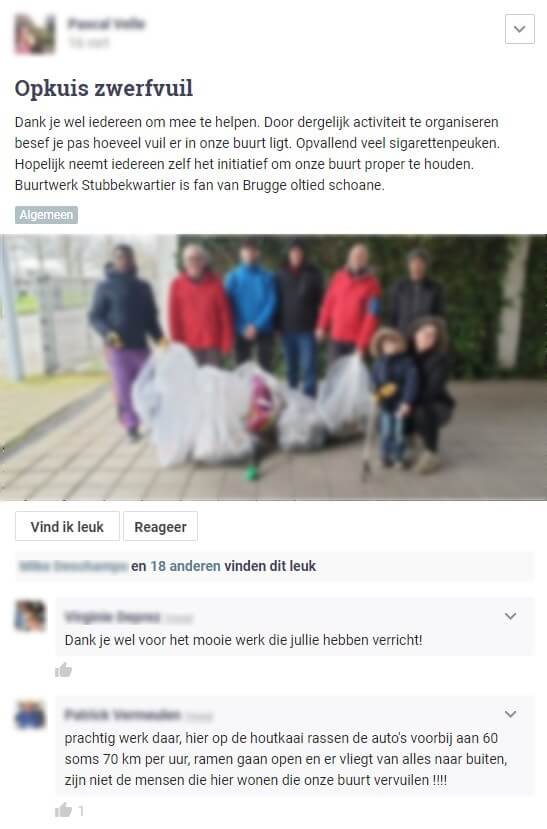 een bericht op Hoplr waarmee iedereen alle buren bedankt die hebben deelgenomen aan een opruimactie in de buurt, andere buren reageren ook dankbaar