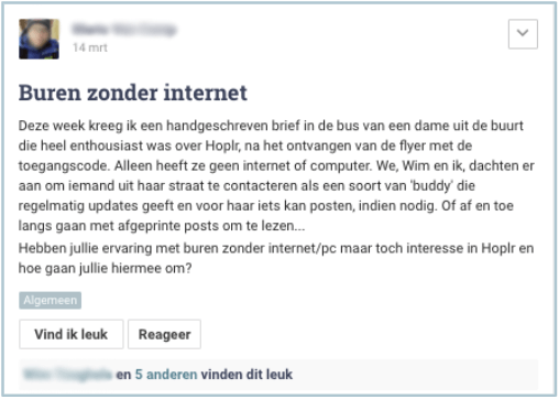 iemand stelt op Hoplr voor om met een buddy-systeem te werken voor buren zonder internet, zodat ze ook gebruik kunnen maken van Hoplr