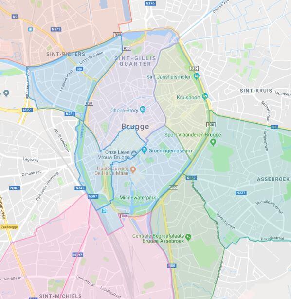 kaart met alle Hoplr-buurten van Brugge