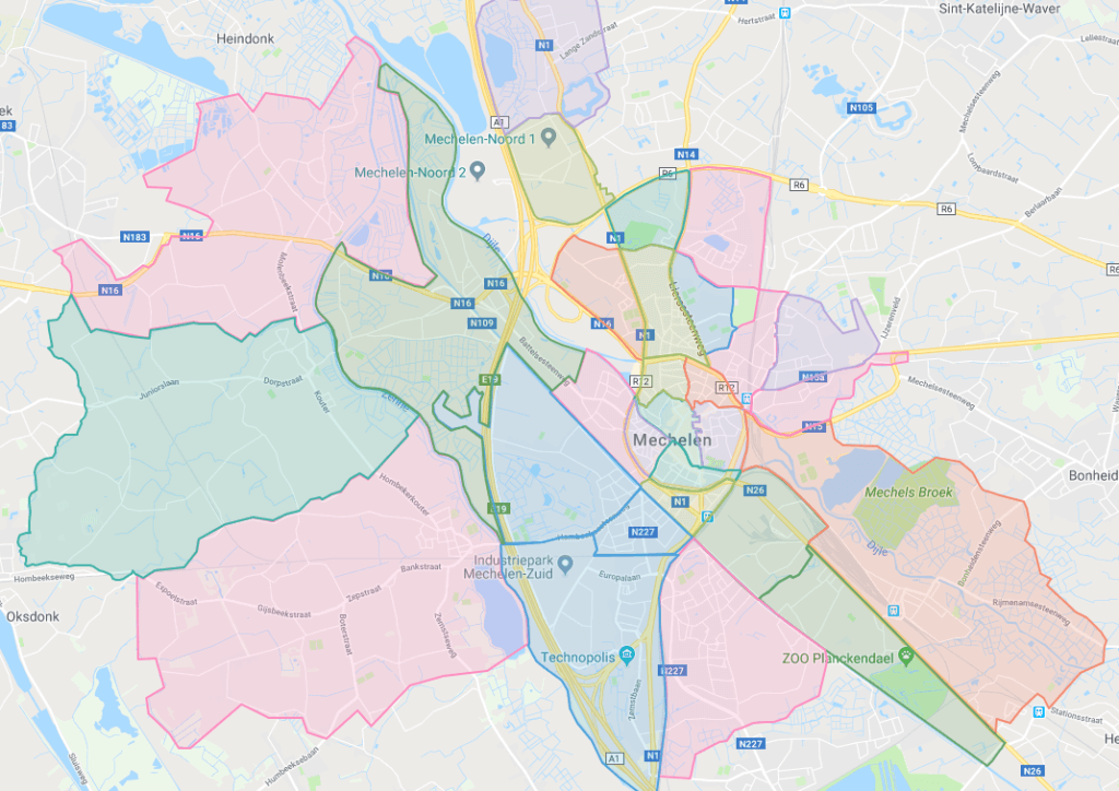 map of Mechelen's 30 Hoplr neighbourhoods