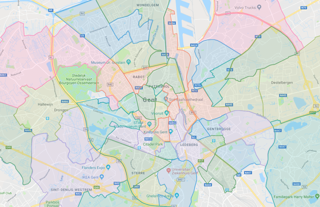 carte avec les quartiers Hoplr à Gand