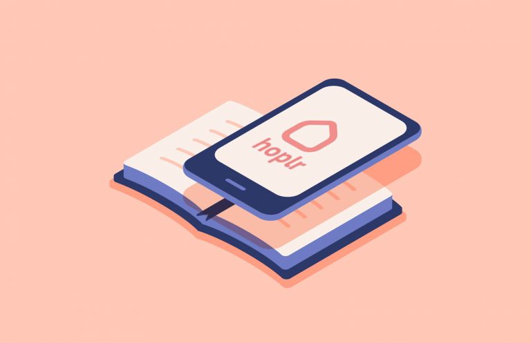 illustratie van boek met gsm die erboven zweeft. op het scherm van de gsm het hoplr logo