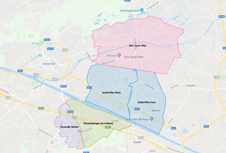 kaart met de 5 buurten van Olen aangeduid