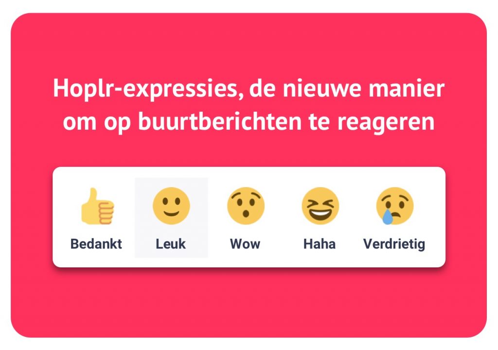 "hoplr-expressies, de nieuwe manier op op buurtberichten te reageren" met 5 emoticons onder: bedankt, leuk, wow, haha en verdrietig