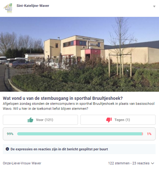 Exemple d'un questionnaire sur Hoplr: La municipalité de Wavre-Sainte-Catherine demande aux habitants des quartier ce qu'ils pensent du nouvel emplacement des bureaux de vote.