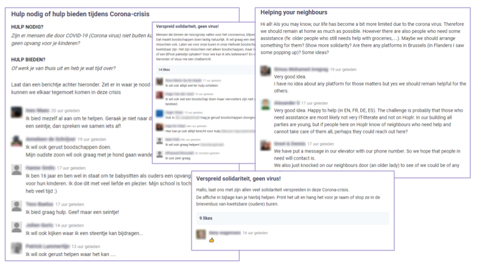 A user asks their neighbours to leave a comment to either offer or ask for help. Two others call upon their neighbours to show solidarity. A fourth one spreads a poster to print out and put up or put in eldery neighbours' mailboxes.