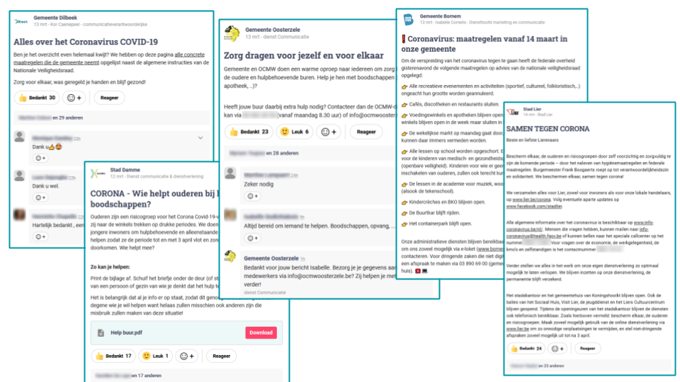 The municipality of Dilbeek posts a link to all latest measures against corona. The city of Damme calls upon its citizens to print out an information sheet which they can fill in and slide under elderly neighbours' door to offer help with groceries. The municipality of Oosterzele asks Hoplr-users to take care of elderly and needy neighbours. The municipality of Bornem sums up its measures against corona. The city of Lier shares a message 'together against corona' with all kinds of useful information.