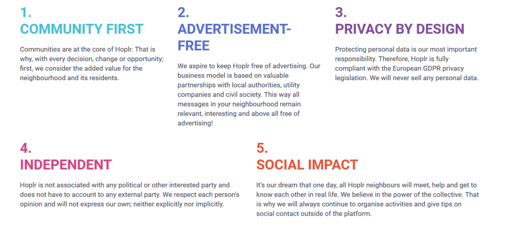 Hoplr manifest: community first, advertisement-free, privacy by design, independent and social impact.