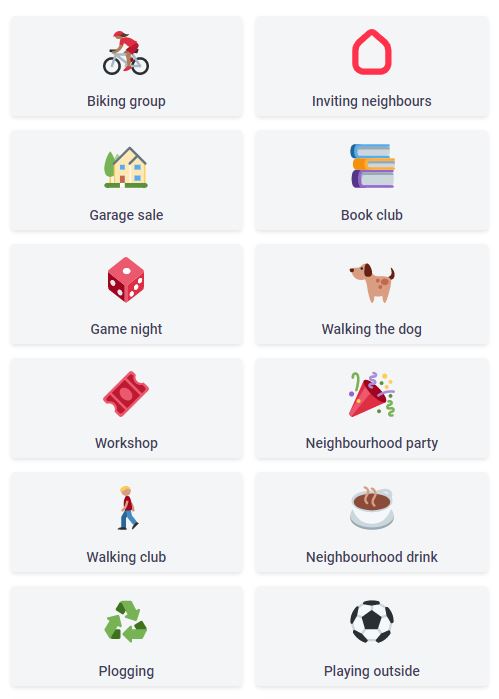 neighbourhood calendar suggests a number of possible neighborhood activities