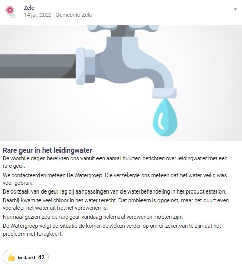 Hoplr message about off smelling tap water in Zele