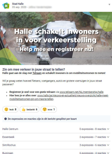 Halle posts a message on Hoplr inviting citizens to install a device that lets them count passing traffic