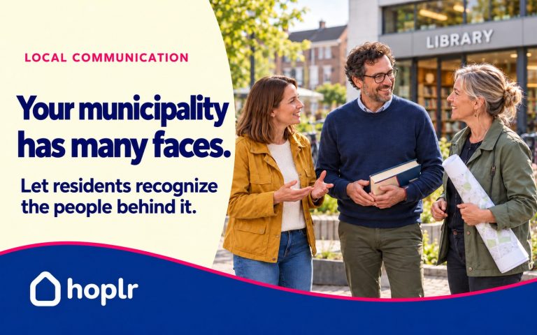 Hoplr cover: Your municipality has many faces. Illustrative scene with three municipal staff members outside a library.