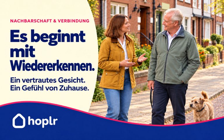 Hoplr-Titelbild über Wiedererkennen und Zugehörigkeit: Eine Frau spricht mit einem Nachbarn und seinem Hund auf einer Wohnstraße.