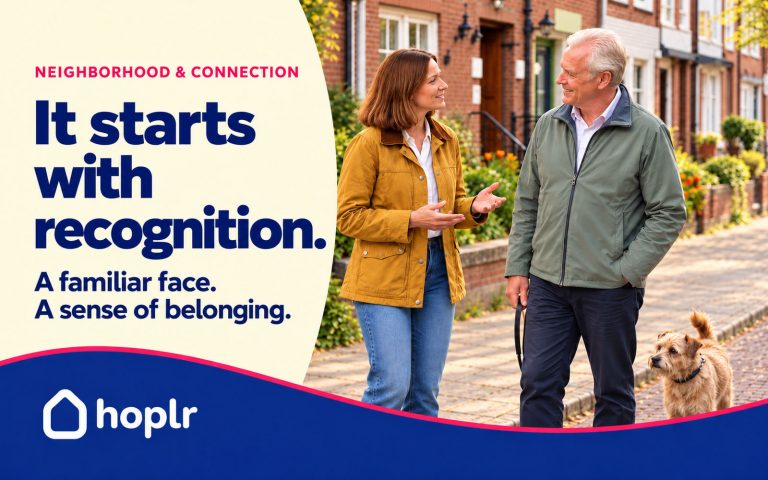 Hoplr cover about recognition and belonging: a woman talks with a neighbor and his dog on a residential street.