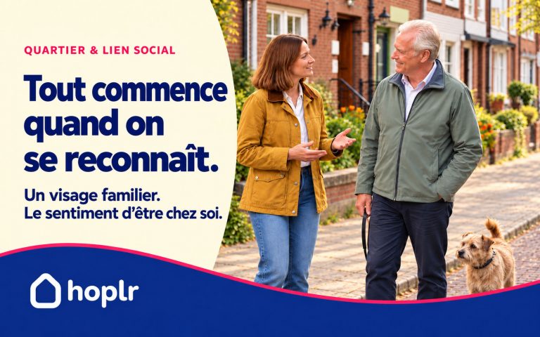 Couverture Hoplr sur la familiarité et le sentiment d’être chez soi : une femme discute avec un voisin accompagné de son chien.