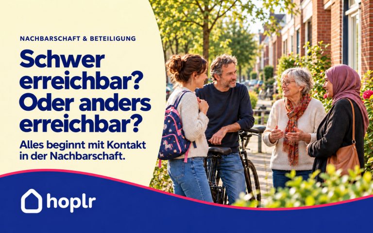 Hoplr-Titelbild zur Ansprache der Bevölkerung mit vier Nachbarn im Gespräch auf einer Wohnstraße.