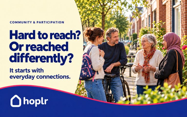 Hoplr cover about reaching residents, showing four neighbors talking on a residential street.