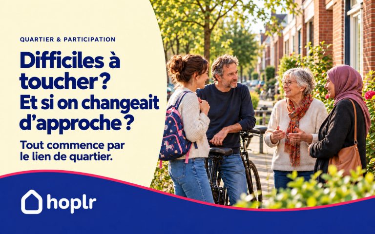 Couverture Hoplr sur la participation locale, avec quatre voisins qui discutent dans leur rue.