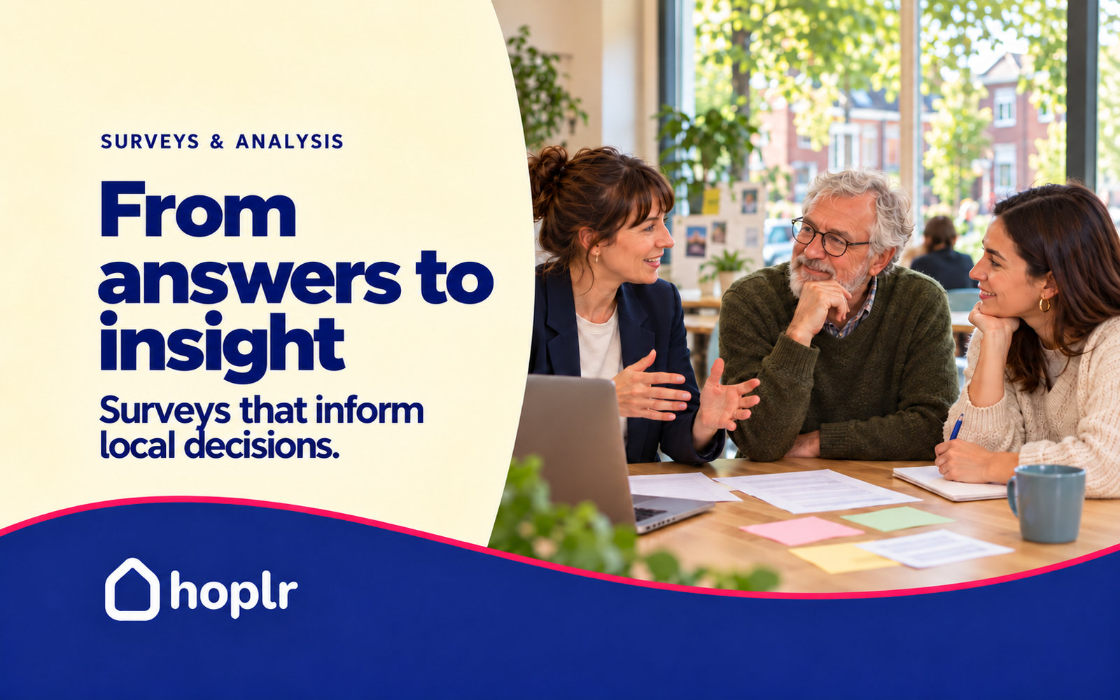 Hoplr cover ‘From answers to insight’ showing three people discussing feedback around a table.