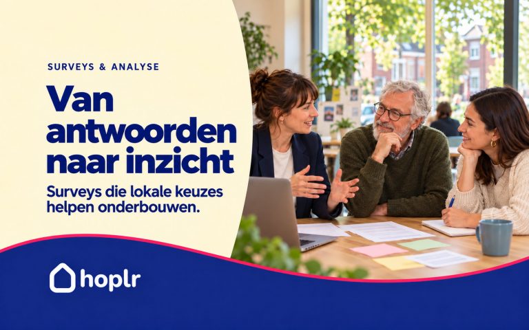 Hoplr-cover ‘Van antwoorden naar inzicht’ met drie mensen die samen feedback bespreken aan een tafel.