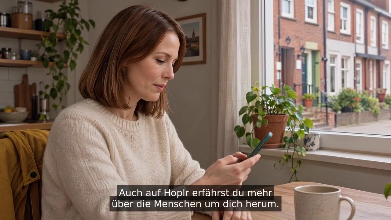 Eine Frau schaut auf ihrem Smartphone in Hoplr; Filmszene mit deutschen Untertiteln.