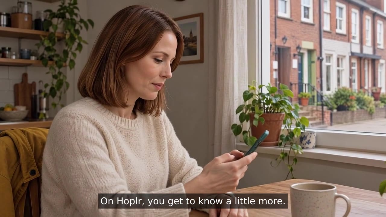 The woman reads neighborhood posts on her smartphone at home, with English subtitles.