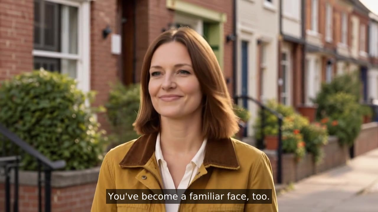 The woman walks through her neighborhood with a smile, with English subtitles.