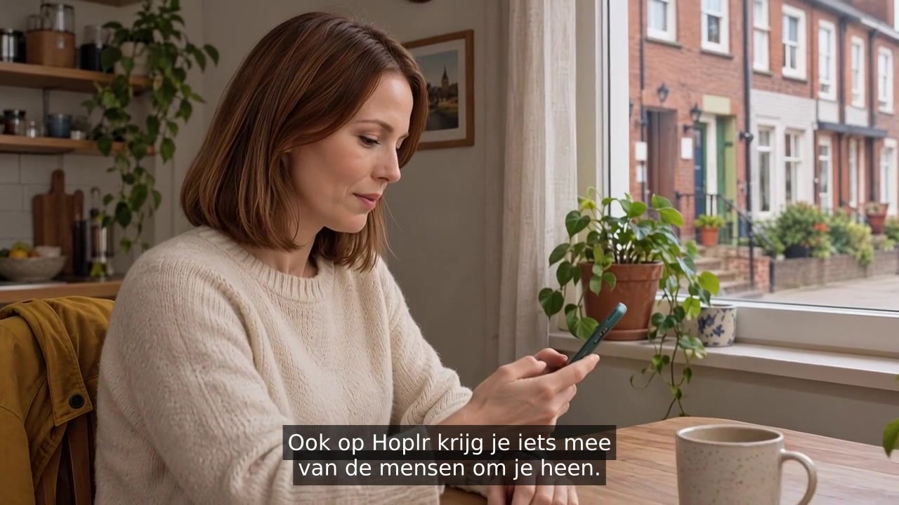 De vrouw bekijkt thuis buurtberichten op haar smartphone. Ondertitel: Ook op Hoplr krijg je iets mee van de mensen om je heen.