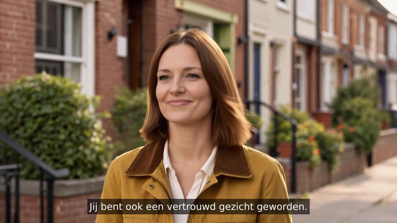 De vrouw loopt glimlachend door haar buurt. Ondertitel: Jij bent ook een vertrouwd gezicht geworden.